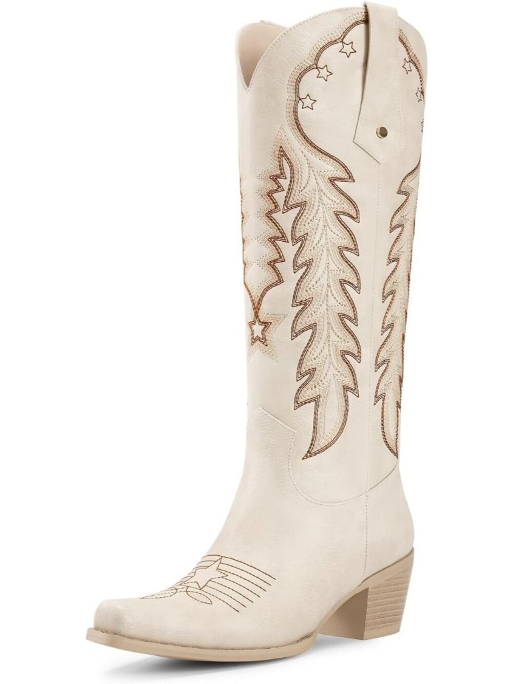 Women's Beige Cowboy Knee High Cowgirl Boots Pointed Toe Chunky Heels - Picture 1 of 6